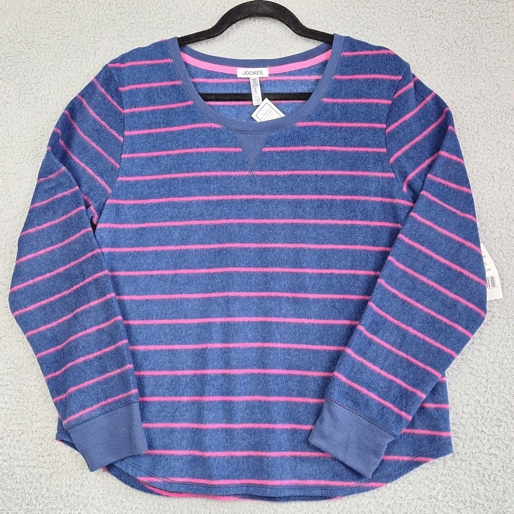 Jockey Top Womens Large‎ Blue Pink Striped Loungewear Pullover Plush Comfy